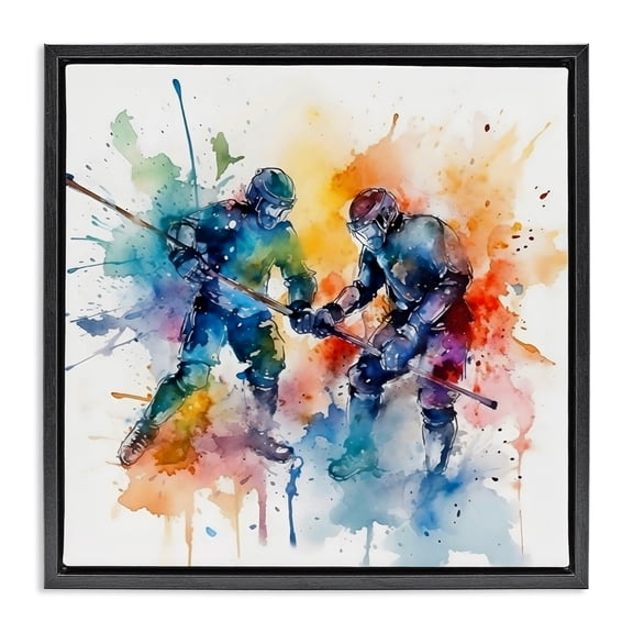 Stupell Industries Contemporary Watercolor Hockey Faceoff Black Floating Frame Canvas Art, 18 x 18, by Creative Studio