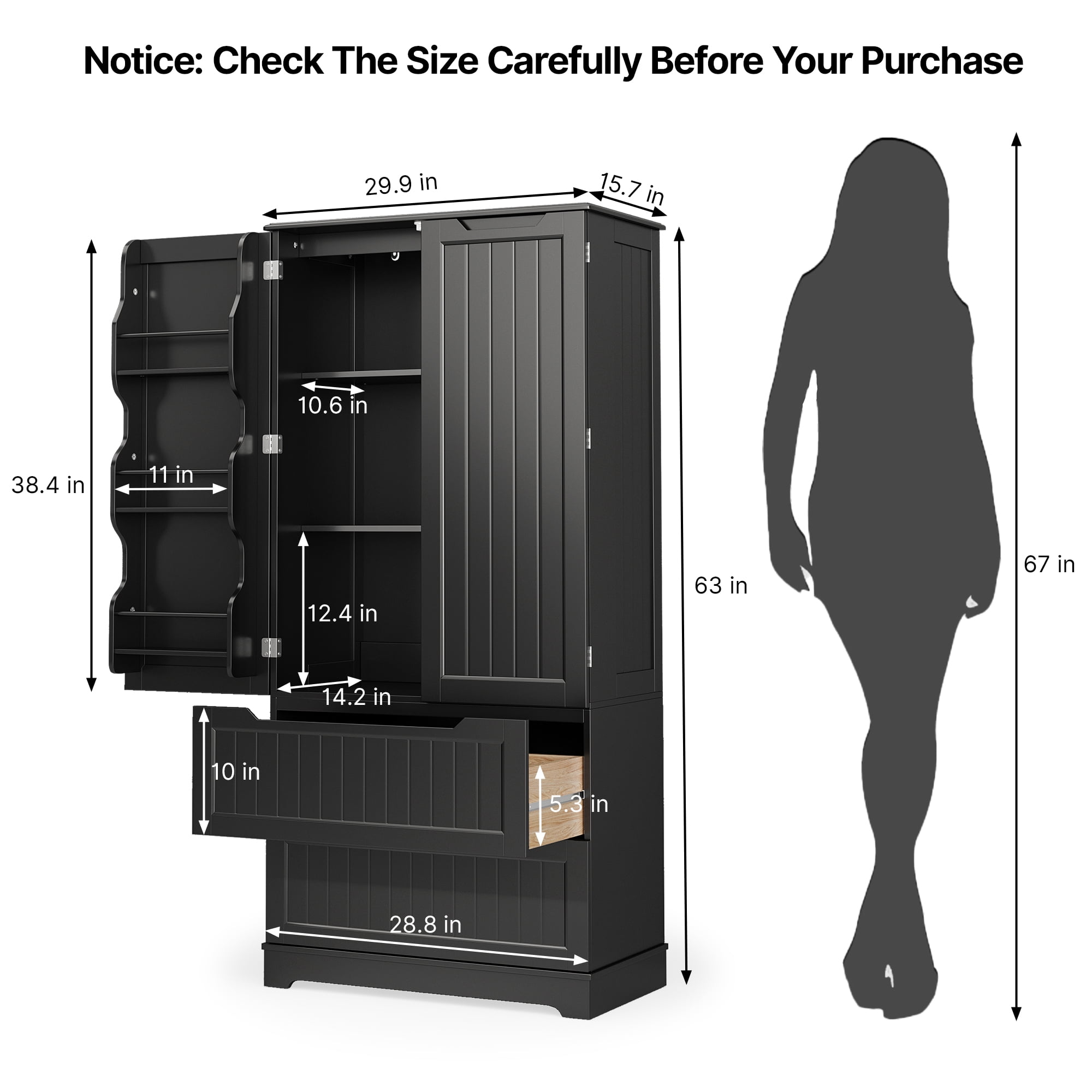 Pantry Cabinet, Lofka 63" Kitchen Pantry Storage Cabinet with Magnetic Doors and 9 Shelves, Black