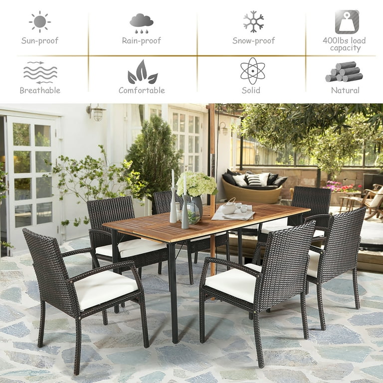 Costway 7PCS Patio Rattan Dining Set Table Top W Umbrella Hole