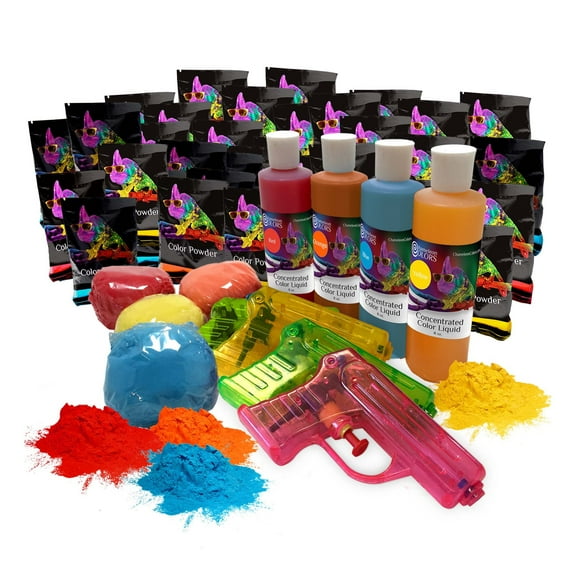 Chameleon Colors 36-Piece Holi Color Powder Party Kit - For 4-10 People - Color Powder & Liquid, Color Balls & Squirt Guns - For Holi, Color Party, Color War & Summer Camp - Non-Toxic - Easy To Clean