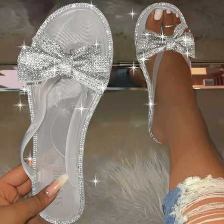 

Christmas Women s Clip Toe Sandals Fashion Summer Sandals Shiny With Diamond Bow Gold Women s Sandals