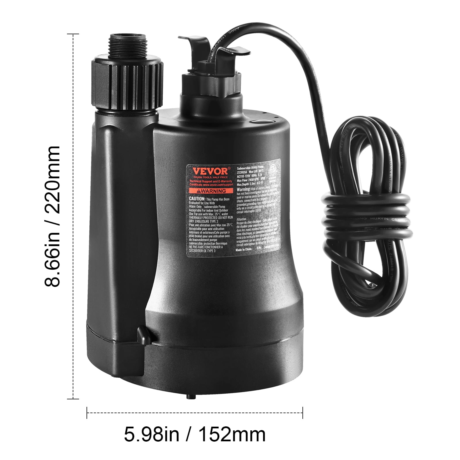 VEVOR Utility Pump, 1/3 HP, 2450 GPH High Flow,30 ft Head, Sump Pump Submersible Water Pump Portable Utility Pump with 10 ft Long Power Cord for Draining Water from Swimming Pool Garden Pond Basement