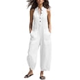 thumbnail image 2 of Linen Jumpsuits for Women Sleeveless Casual Stand Collar Button Loose Wide Leg Romper,Summer Linen Blend Jumpsuits for Women(White,XL), 2 of 5
