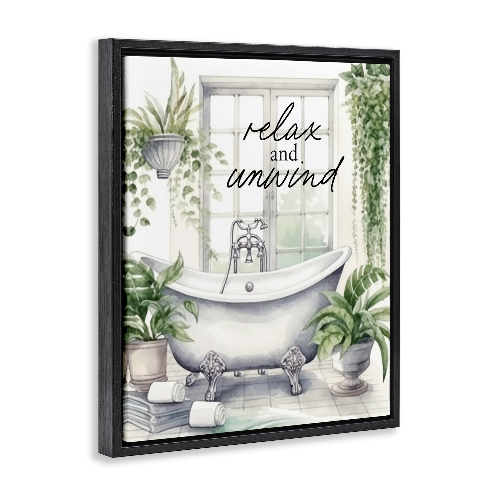 Relax Unwind Bath & Foliage Black Framed Floater Canvas Wall Art, design by Lettered and Lined