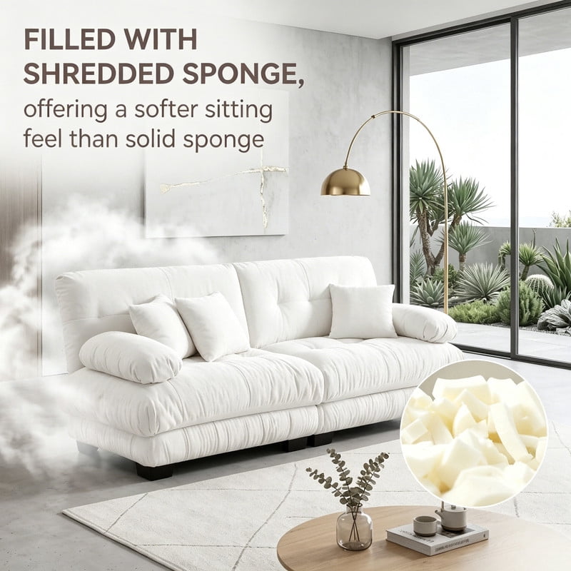 ANPPORT Cloud Couch Sleeper Sofa, Chenille White 2-Seater Modular Sofa, 2 Lumbar pillows, 2 Pillows, Comfy Deep Seat Cloud Sofa, Convertible L-Shaped Floor Couch for Living Room