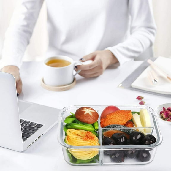 5-Pack Glass Meal Prep Containers with Lids, 3 Compartment Bento Box, Microwave Oven Safe, Dishwasher Compatible, Green