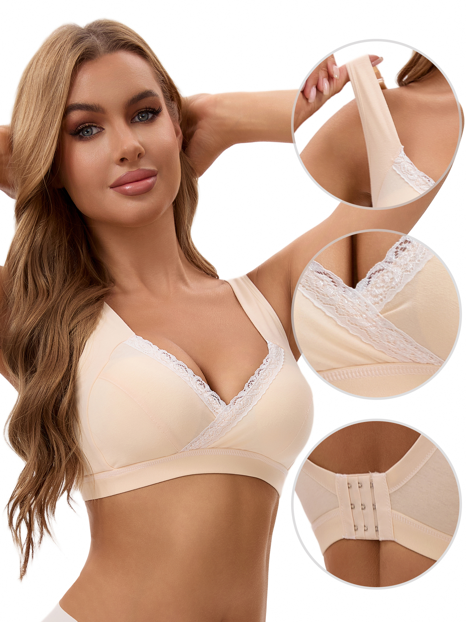 Unique Bargains Women's Lace Polka Dots Wirefree Sleep Nursing Bras L Beige