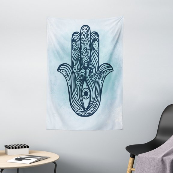Hamsa Tapestry, Ornate Hand Drawn Hamsa Popular Arabic and Old Amulet with Curly Swirled Lines, Wall Hanging for Bedroom Living Room Dorm Decor, 40W X 60L Inches, Dark Blue Aqua, by Ambesonne