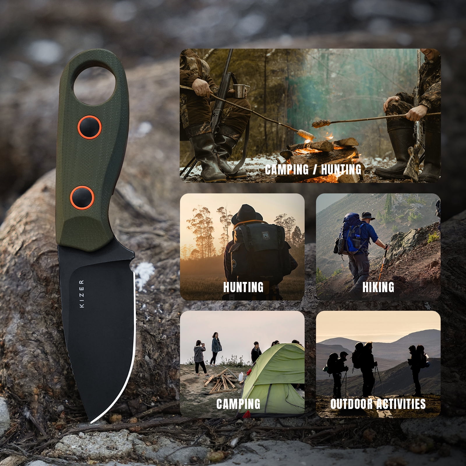 Kizer Fixed Blade Knife Beaver, D2 Steel Olive Green G10 Handle Pocket Tactical Knives, 1078A1