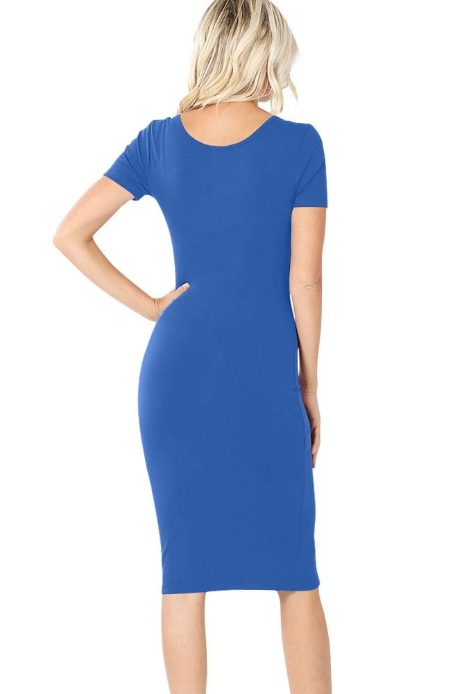 Womens Short Sleeve Bodycon Fitted Knee Length Midi Dress