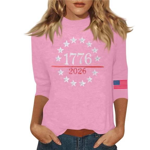 250 Anniversary Usa Shirt for Women Independence Day 3/4 Sleeve Crewneck American Flag Print T-Shirts 1776-2026 Casual Tees, #01 Pink, XL