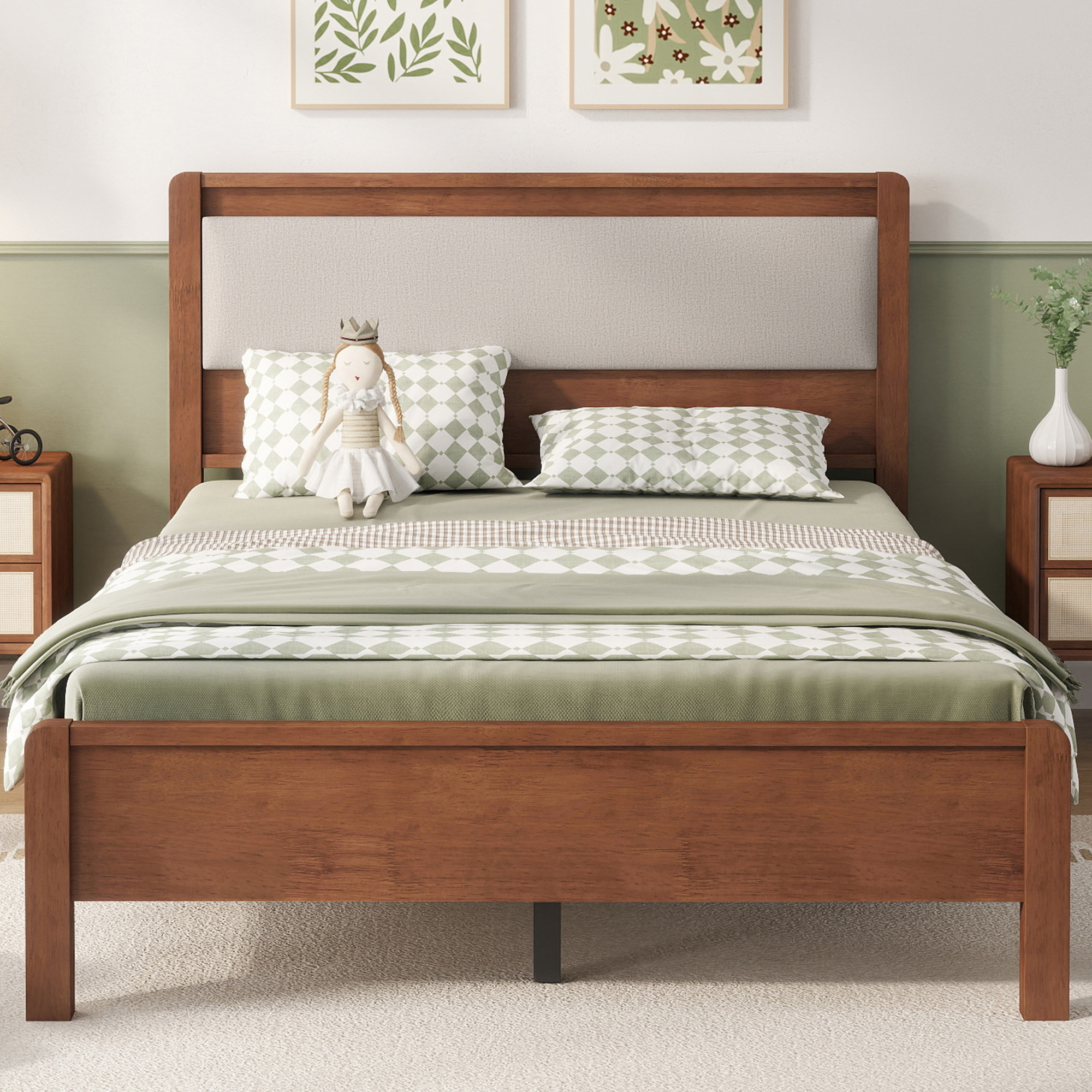 HOQBN Full Solid Rubberwood Bed Frame with Upholstered Headboard, Reinforced Central Support Legs for Bedroom Brown