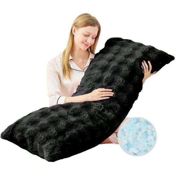 Faux Fur Fluffy Body Pillow for Adults - Firm Body Pillow Insert with Shredded Blue Memory Foam Adjustable Height Soft port for Side Sleeping Pregnant Women Washable 20x54 Inch Black