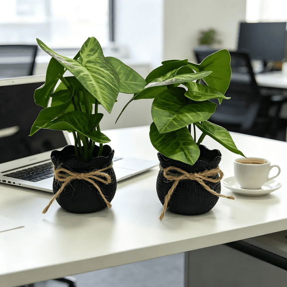 2‑Pcs Artificial Mini Potted Plants, Fake Green Foliage with Black Jute‑Bow Pot, No‑Maintenance for Farmhouse Bathroom Dining Table Home & Office Decor, Gift‑Ready