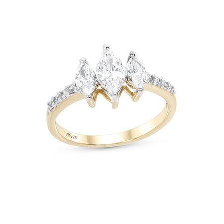 3 Stone Flowers Ring - Sterling Silver 14K Gold Plated 3 Stone Marquise Cut Cubic Zirconia Engagement Ring