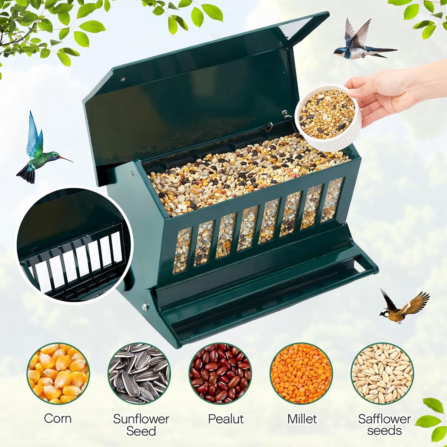 Squirrel Proof Bird Feeder Metal 12lbs Large Capacity for Cardinals Chickadees Green Bird Feeder on Pole for Outdoors, Not Including Pole