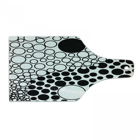 Ying Yang Cutting Board, Abstract Yin Yang Design with Large Retro Dots Counter Forces of Globe, Decorative Tempered Glass Cutting and Serving Board, Wine Bottle Shape, Black White, by Ambesonne