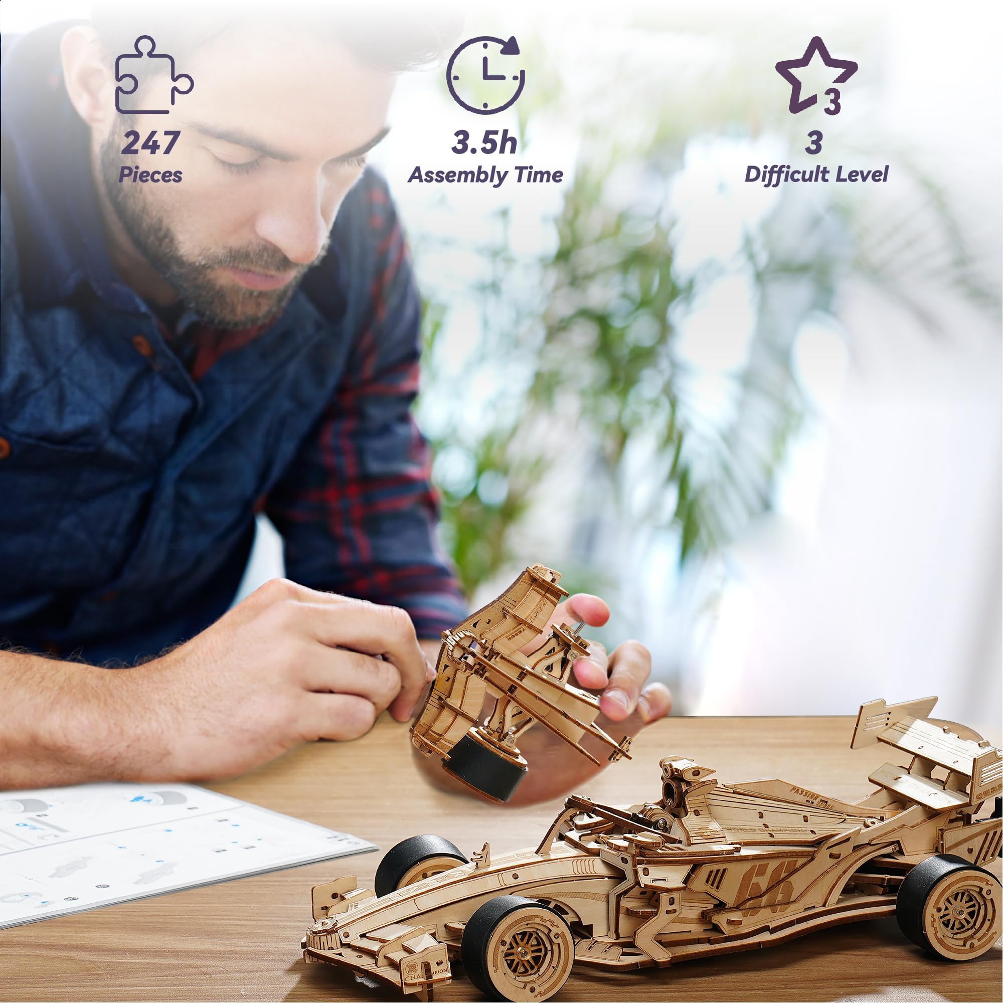ROKR 3D Puzzles for Adults, F1 Racing Car 1:18 Scale Exquisite Wood Craft Kit Gift for Adults Desk Toys Gift for Boys/Girls