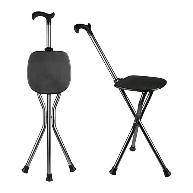 Bastón plegable con capacidad de 440 lb, asiento y altura ajustable, con trípode y taburete para senderismo, masaje, cuadrado, color negro.