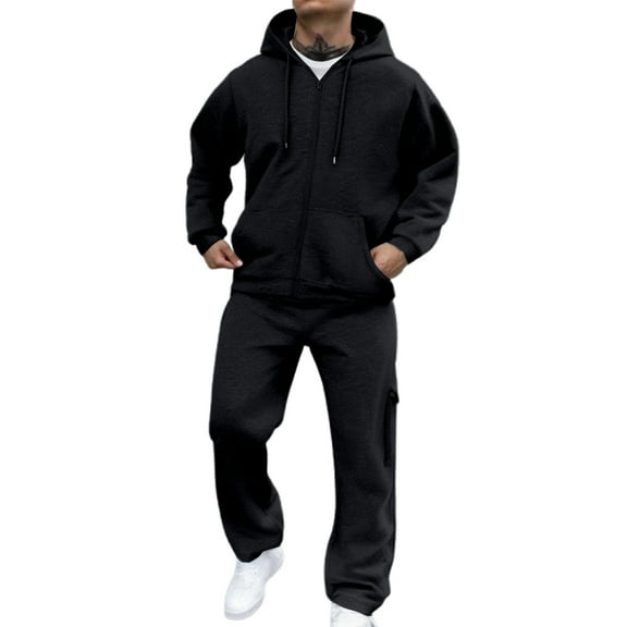 Men's 2 Piece Tracksuit Sweatsuit Jogging Suits Sets Zipper Up Long Sleeve Hooded and Cargo Sweatpants Casual Workout Outfits - Black-02,XXL