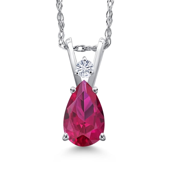 Gem Stone King 14K White Gold Red Created Ruby and White Moissanite Pendant Necklace for Women | 1.04 Cttw | Gemstone July Birthstone | Pear Shape 7X5MM | With 18 inch Chain