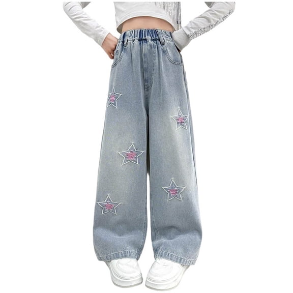 Lovzfmll Girl's Jeans, Star Print Wide Leg Elastic Waist, Casual Loose Fit Pants for Little Girls 5-6 Years