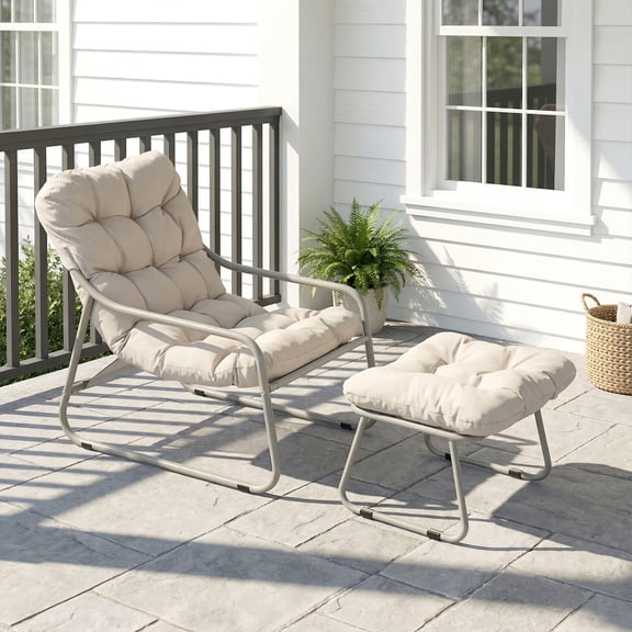 RADIATA Outdoor Padded Lounge Chair with Ottoman, Tufted Cushion, Metal Frame, Beige