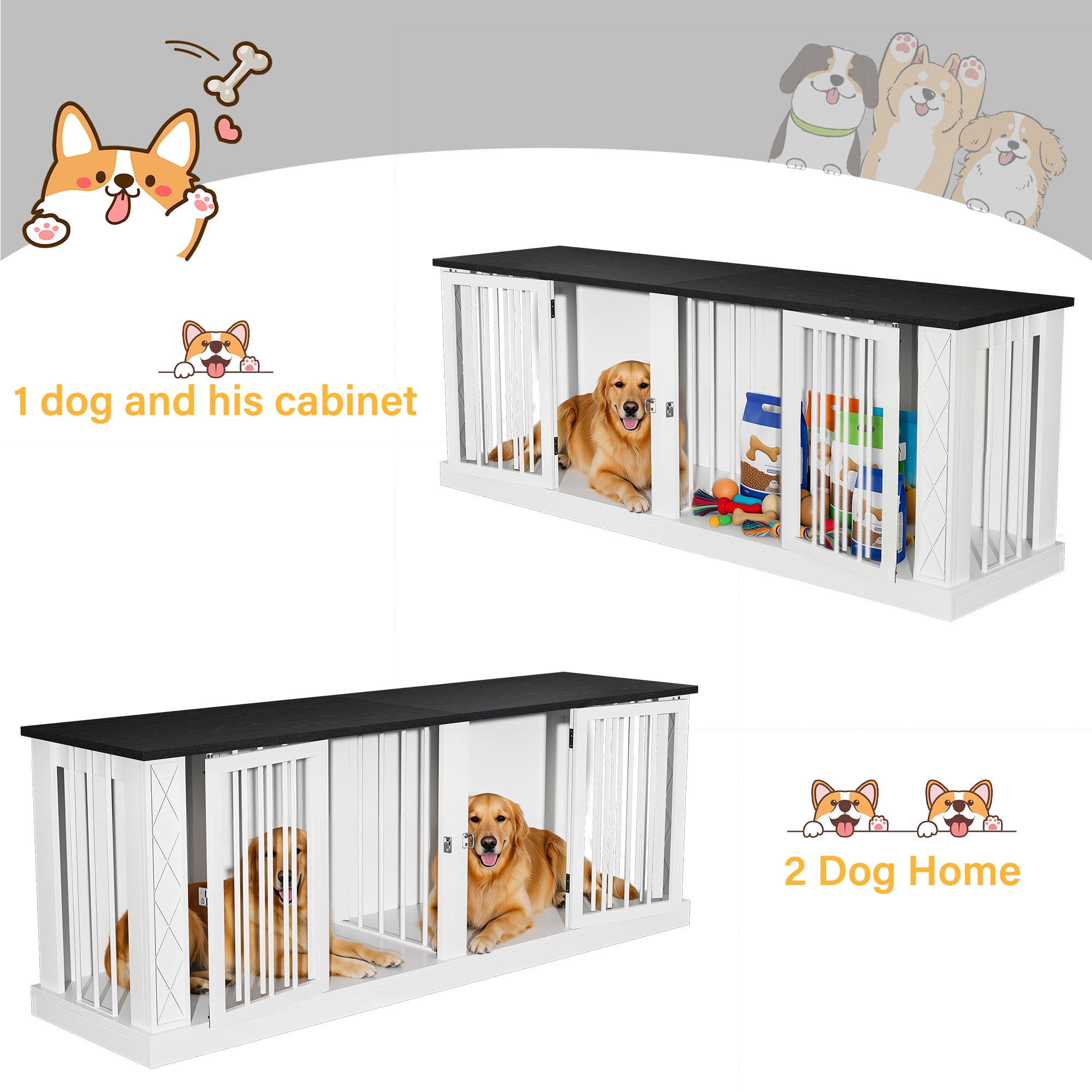 ModFurne 86.6" Dog Crate Furniture for Double Dogs, Heavy Duty Dog Cage Indoor for Small/Medium/Large Dogs, Dog Kennel Furniture White
