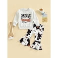 thumbnail image 3 of Musuos Kid Girl Autumn Clothes Set, 12 18 24M 3 4 5 6T Letter Print Long Sleeve Round Neck Pullover + Cow Spot Print Flare Trousers, 3 of 10