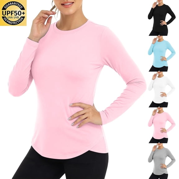 Craaazy Sun Protection Shirt for Women Regular Fit Solid Color Crew Neck Lightweight Tops with Curved Hem for Sports and Daily Casual