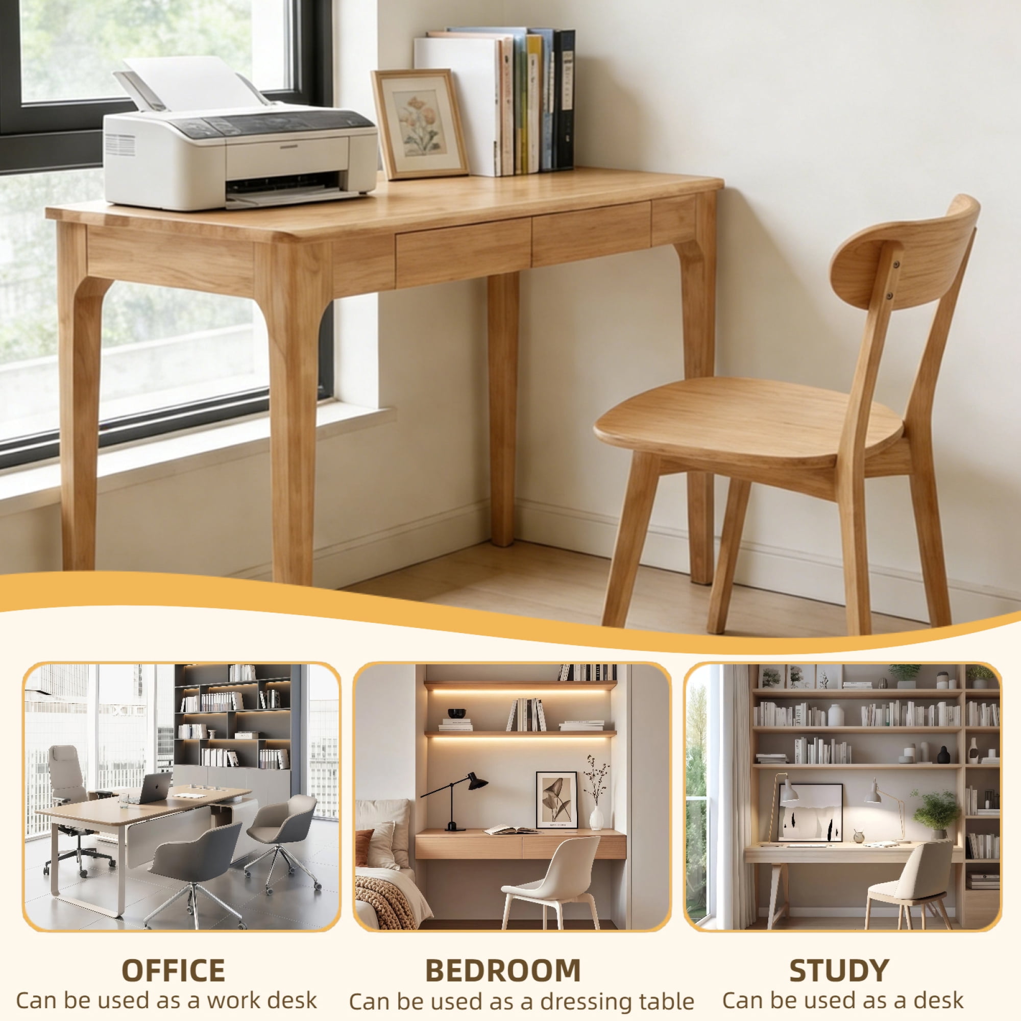 Modern Wood Computer Desk with 2 Drawers.Mid Century Home Office Desk Study Desk PC Table Standing Desk for Study,Bedroom,Living Room,Office,Wood