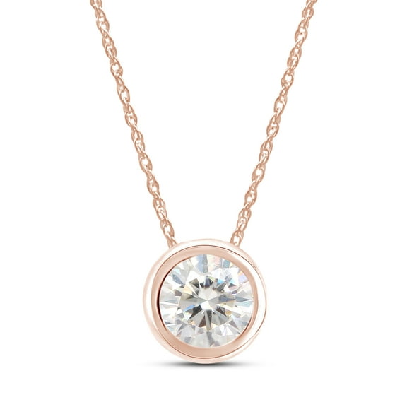 1 Carat 6.5MM Round Cut Lab Created Moissanite Diamond Bezel Set Solitaire Pendant Necklace In 14K Rose Solid Gold Jewelry For Women With 18" Chain(G-H Color, VVS1 Clarity, 1 Cttw)