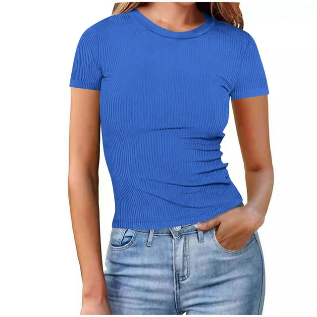 VSSSJ Women's Short Sleeve Tops Stretch Slim Fit Crew Neck Ribbed Knit Tee Basic Solid Color Breathable Summer Shirts Blue S
