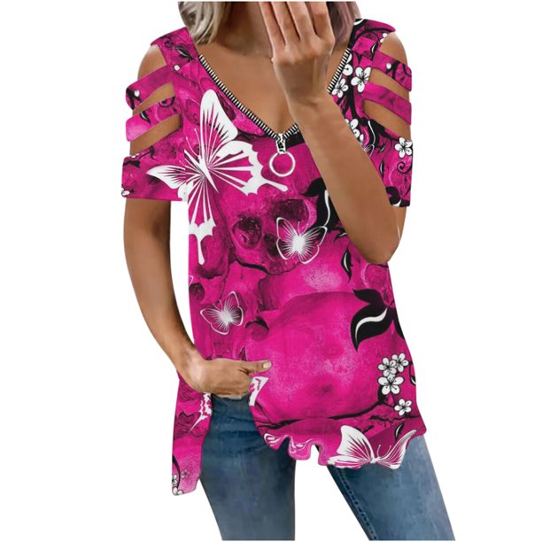 Elegante blusa estampada con cuello en V para mujer, camiseta suelta de manga corta con cremallera OAVQHLG3B Store lin121212