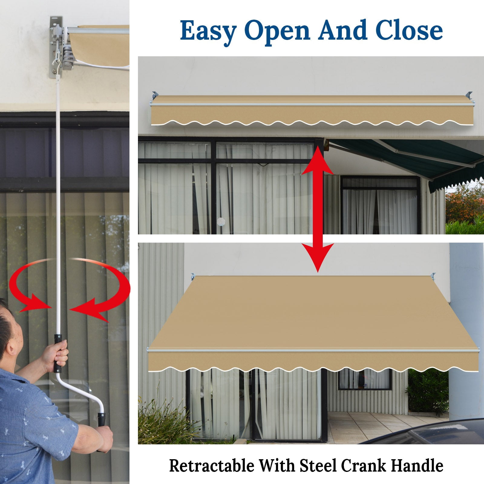 SUNNYOUTDOOR 8x6.5 FT Patio Awning Retractable Outdoor Sun Shade Manual Patio Deck Awning Heavy Duty Awning (Tan)