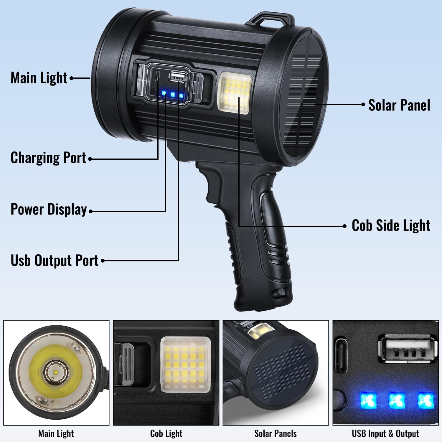 Rechargeable Spotlight Flashlight, 99,000 Lumens Spot Light Handheld Spot Lights, LED Spotlights with COB Light,Super Bright Hand Held Spotlight for Boat