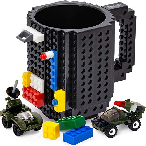 Black Build-On Brick Mug DIY Creative Building Block Mug Coffee Cups Novelty Christmas Gift with Three of Bag of Block 
