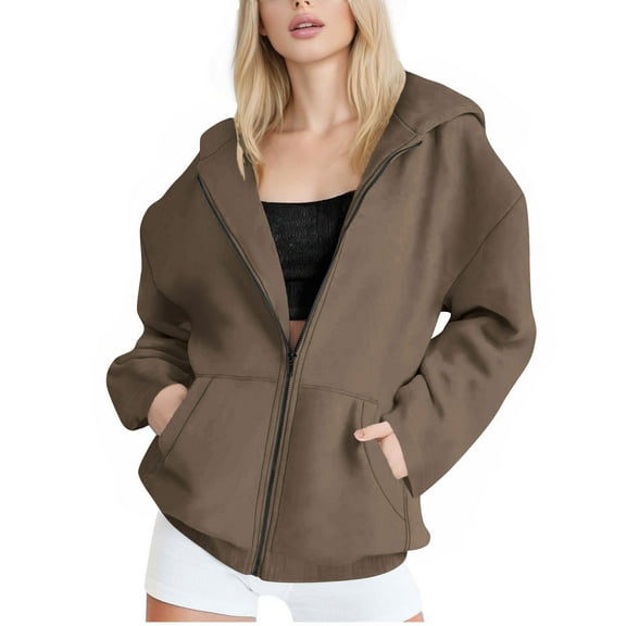 Casual Loose Sweatshirts for Women Long Sleeve Jackets Plus Size Zip up Hoodies Soft Lightweight Coats Brown M