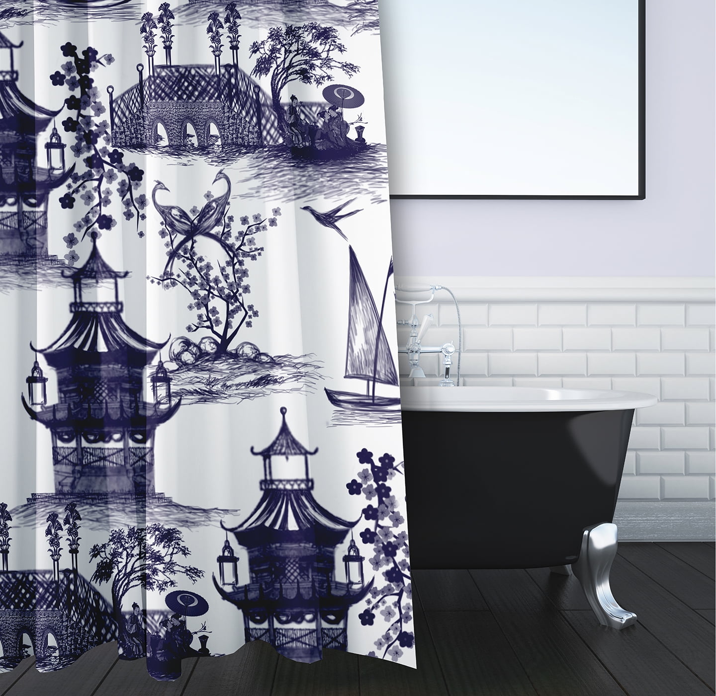 Simply Daisy 70" W x 73" L China Old Polyester Shower Curtain, Navy [1 Ct]