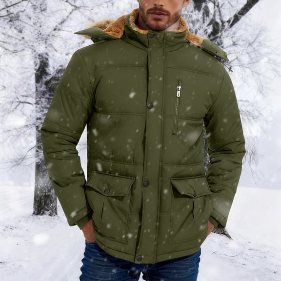 Kalauyu Mens Jackets with Hoode Parka Fleece Liner Coats Windproof Winter Raincoat Multi Pockets