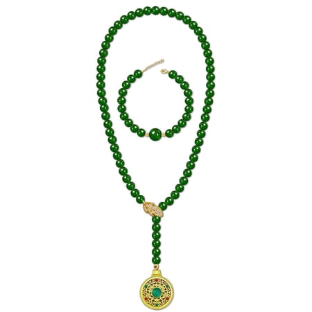 LuLiaMenton Simulated Green Jade Jewelry Set, Compass Pendant Y-Drop Necklace & Bracelet Set