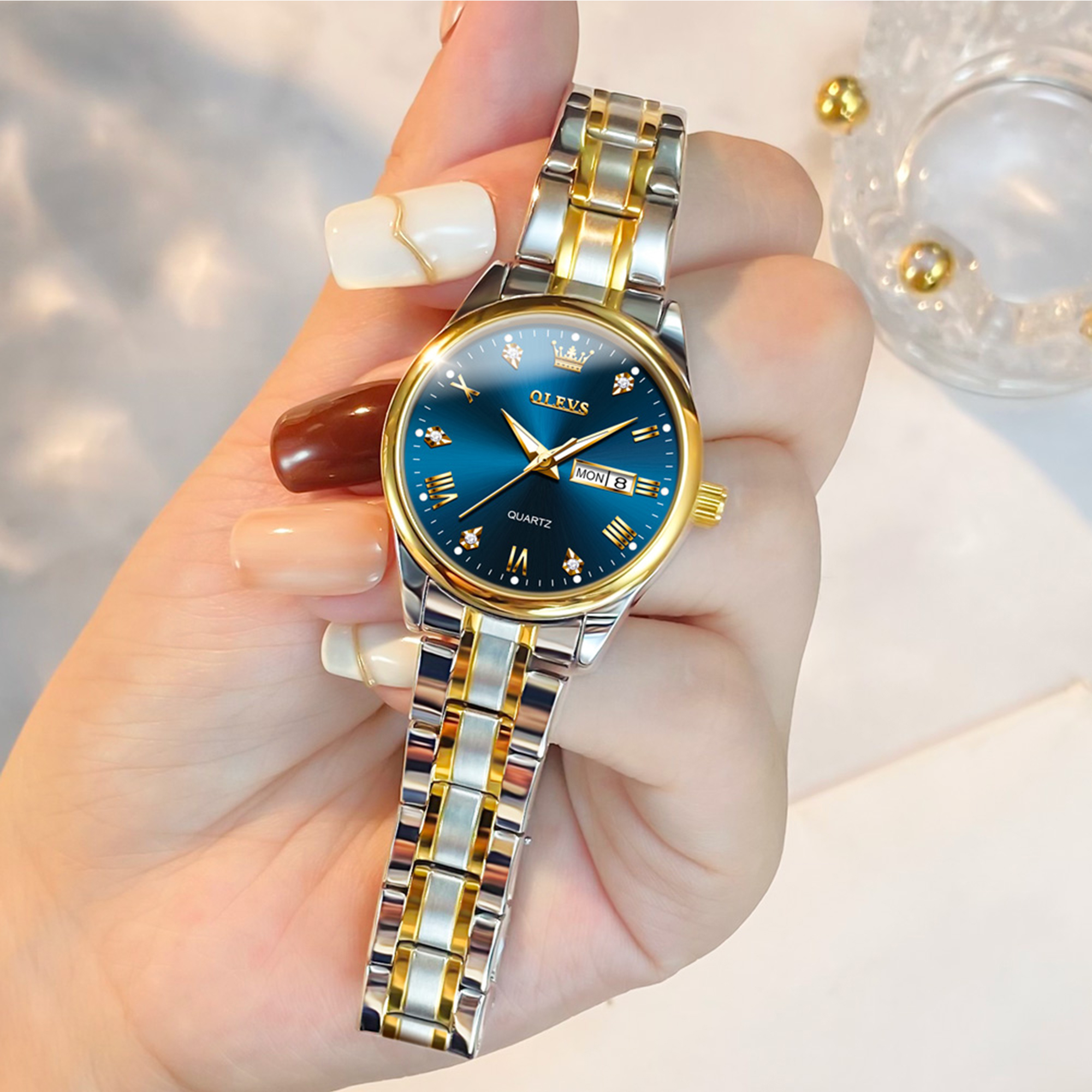 OLEVS Watches for Women Luxury Dress Quartz Analog Casual Gold Plated Stainless Steel Waterproof Luminous Date Fashion Ladies Wrist Watches Gifts Relojes para Mujer