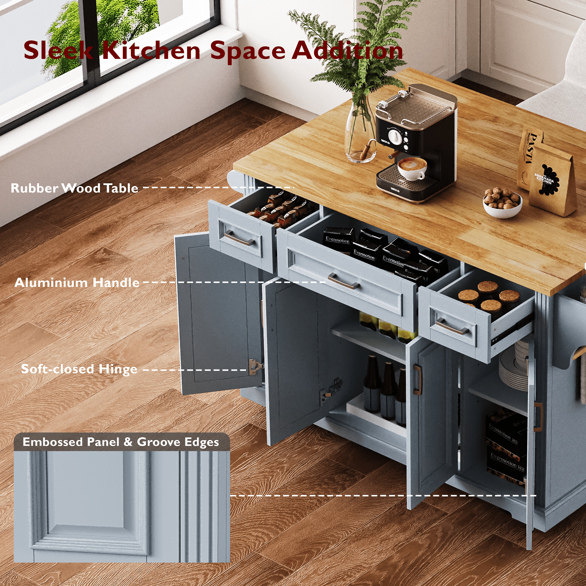 DTTRA 54" Large Kitchen Island with Rubber Wood Drop Leaf, Rolling Kitchen Cart on Wheels with 4 Doors, 3 Drawers & Adjustable Shelves, Rustic Embossed Texture Storage Cabinet for Kitchen,Dining Room