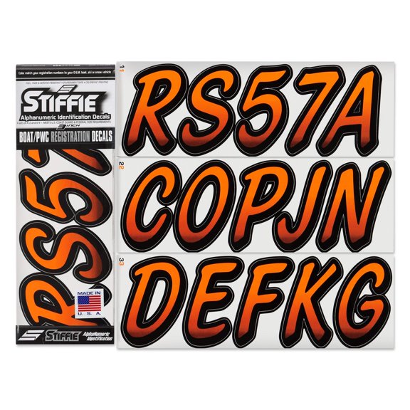 STIFFIE Whipline Electric Orange / Black 3" Alpha-Numeric Identification Custom Kit Registration Numbers & Letters Marine Stickers Decals for Boats & Personal Watercraft PWC