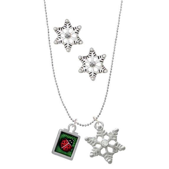 Delight Jewelry Silvertone Red Ladybug in Shadow Box Silver tone Snowflake Charm Necklace and Stud Earrings