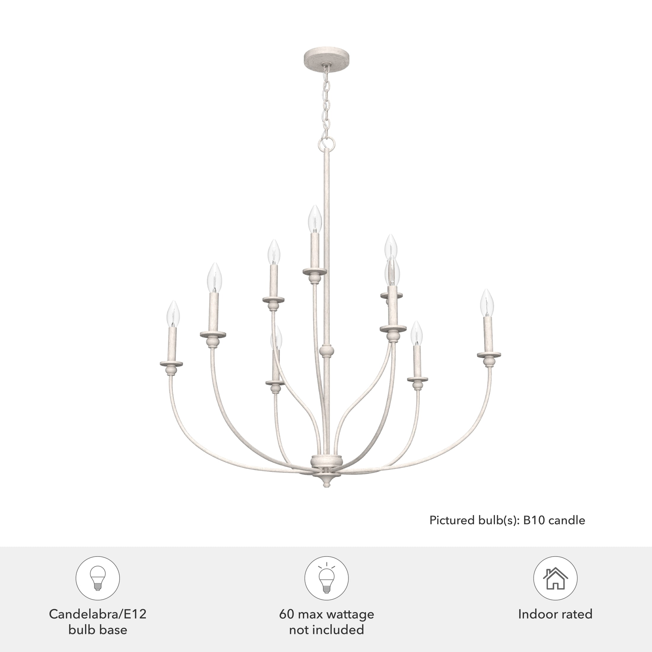 Hunter - Southcrest 9-light Distressed White, Large Chandelier, Dimmable, Casual Style, Candle Shaped, for Bedrooms, Dining, Living Rooms - 19633
