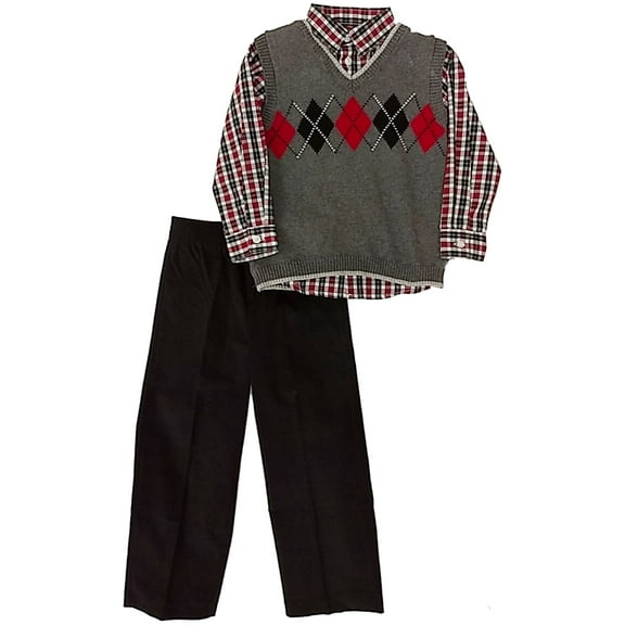 Toddler Boys Gray Sweater Vest Plaid Shirt & Corduroy Pants Outfit Set 4T