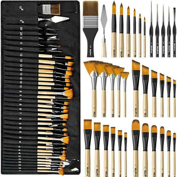 Nicpro 36pcs Paint Brush Set, Professional Paintbrushes with Palette Knife and Cloth Roll, Suitable for Acrylic Painting, Oil, Watercolor, Gouache, Art Supplies for Artists & Beginners (Wooden Color)