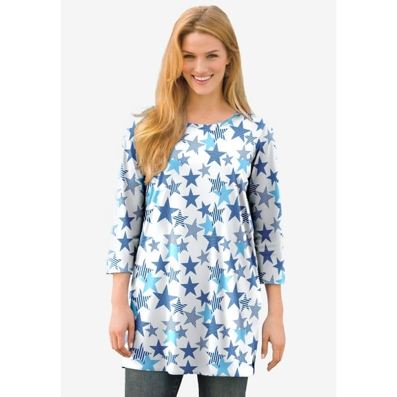Woman Within Plus Size Perfect Printed Three-Quarter-Sleeve Scoopneck Tunic