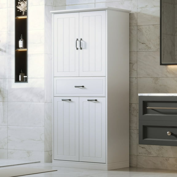 Lennox Modern 30" Tall Bathroom Storage Cabinet with Adjustable Shelves, Laundry Baskets, White